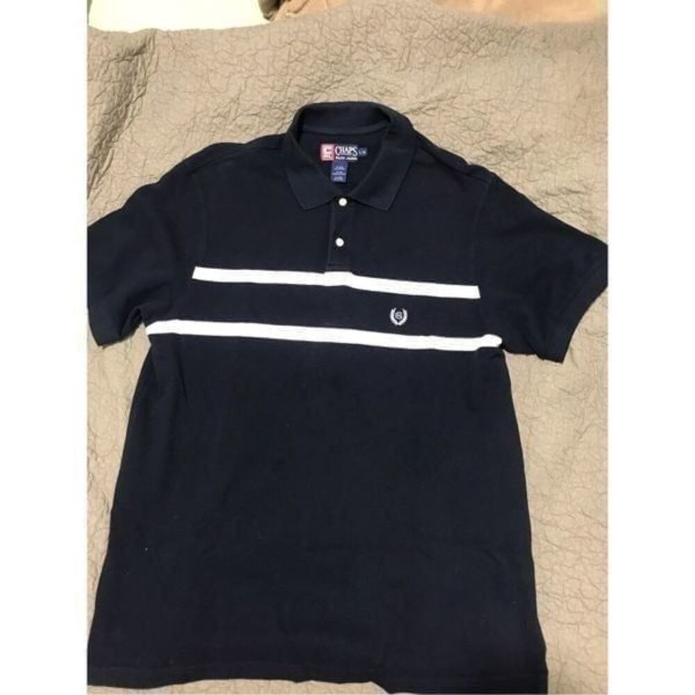 Chaps Ralph Lauren black with white stripes polo shirt size L…S39